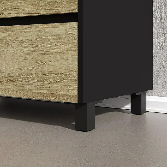 Artysan Conjunto de mueble de baño Africa - Ancho: 100 cm, 3 pzs., Nature, Mate - Vista detallada de un mueble moderno con cajones de madera y detalles en negro, apoyado sobre patas negras.