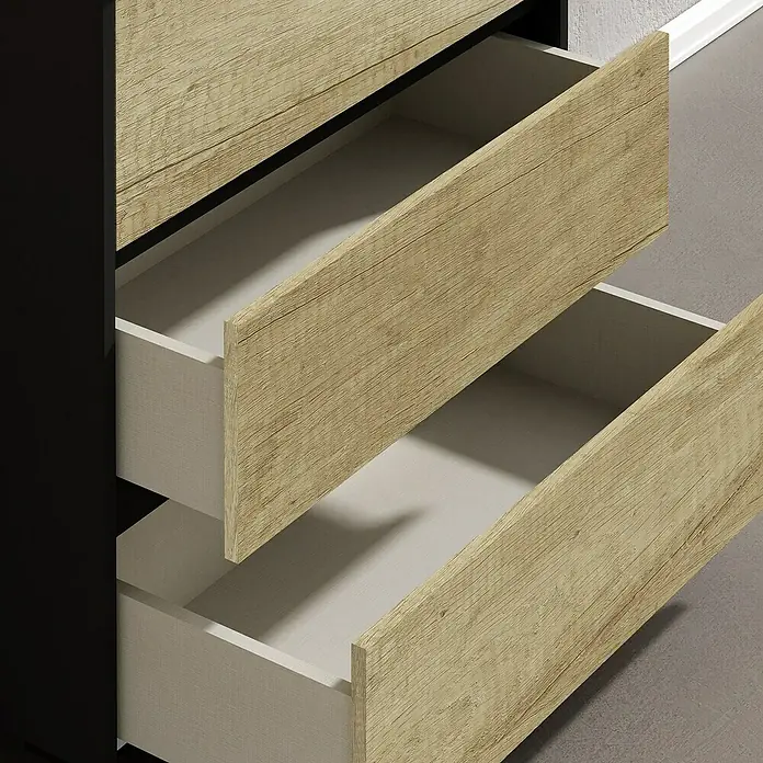 Artysan Conjunto de mueble de baño Africa - Ancho: 100 cm, 3 pzs., Nature, Mate - Esta imagen muestra una cómoda moderna con dos cajones abiertos en detalle. La cómoda presenta una combinación de elementos de madera clara y negra.