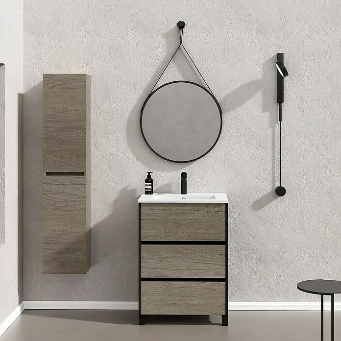 Artysan Conjunto de mueble de baño Africa - Ancho: 60 cm, 3 pzs., Nebraska, Mate - Moderno baño con mueble de lavabo imitación madera y espejo redondo con marco negro para un toque elegante.