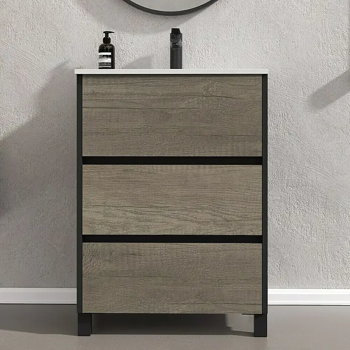 Artysan Conjunto de mueble de baño Africa - Ancho: 60 cm, 3 pzs., Nebraska, Mate - Mueble de baño moderno con tres cajones en decoración de madera y marco negro para el baño.