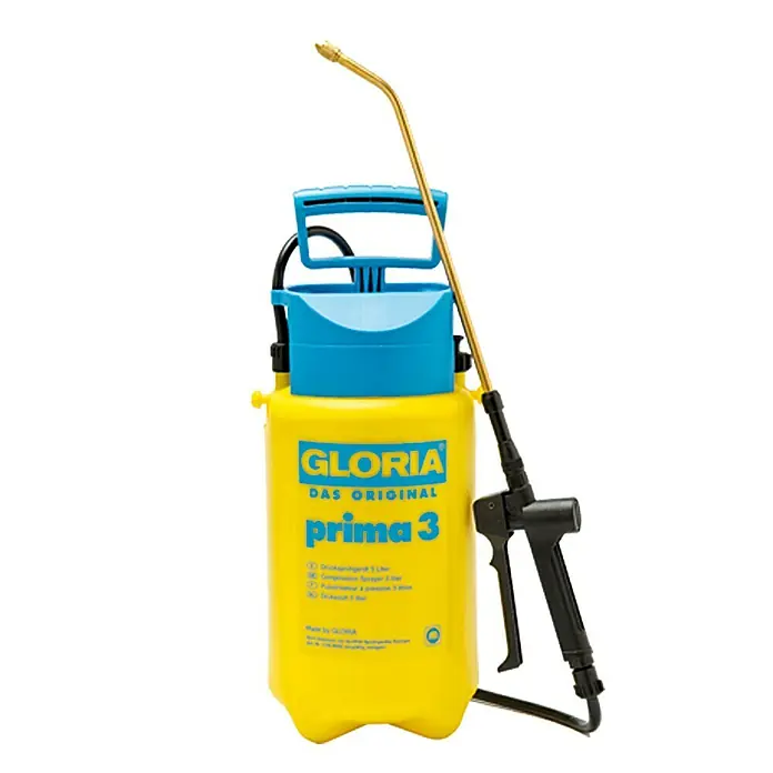 Gloria Drucksprühgerät Prima 3 mit verstellbarer Messingdüse - 3 l - Gelbe Gloria Prima 3 Druckspritze mit blauem Oberteil und Sprühlanze für Garten- und Pflanzenschutzarbeiten.