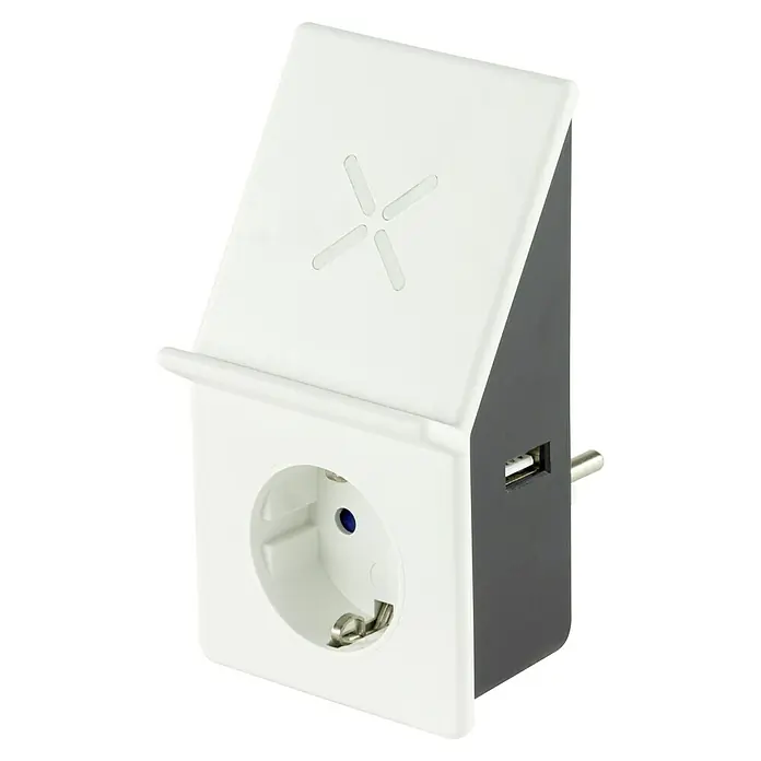 REV USB-Ladegerät - Weiß, 1 x Schukostecker (Typ F) - Eine Nahaufnahme eines weißen Steckdosenadapters mit USB-Anschluss und kabelloser Ladefläche, ideal für moderne Geräte.