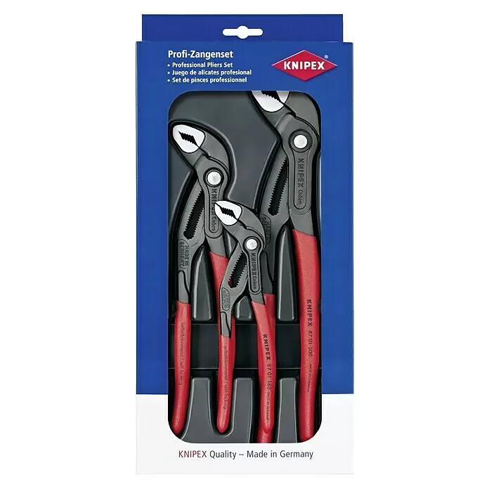 Knipex Cobra Alicates de pico de loro - 3 pzs. - Juego de alicates profesionales Knipex en envase azul y blanco, con tres alicates Cobra negros de mango rojo.