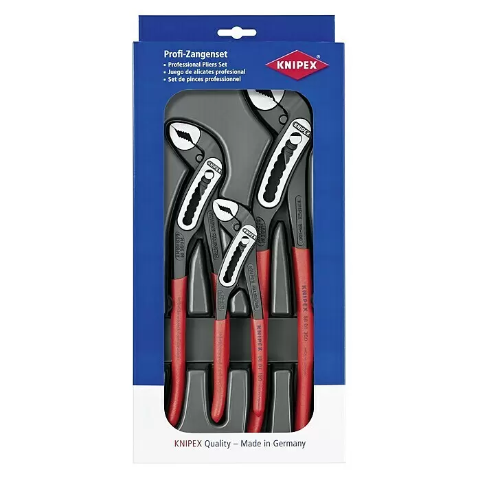 Knipex Alligator Alicates de pico de loro - 3 pzs., Acero - Un juego de alicates profesionales Knipex con tres alicates negros y plateados con mangos rojos, presentado en una caja azul y gris.