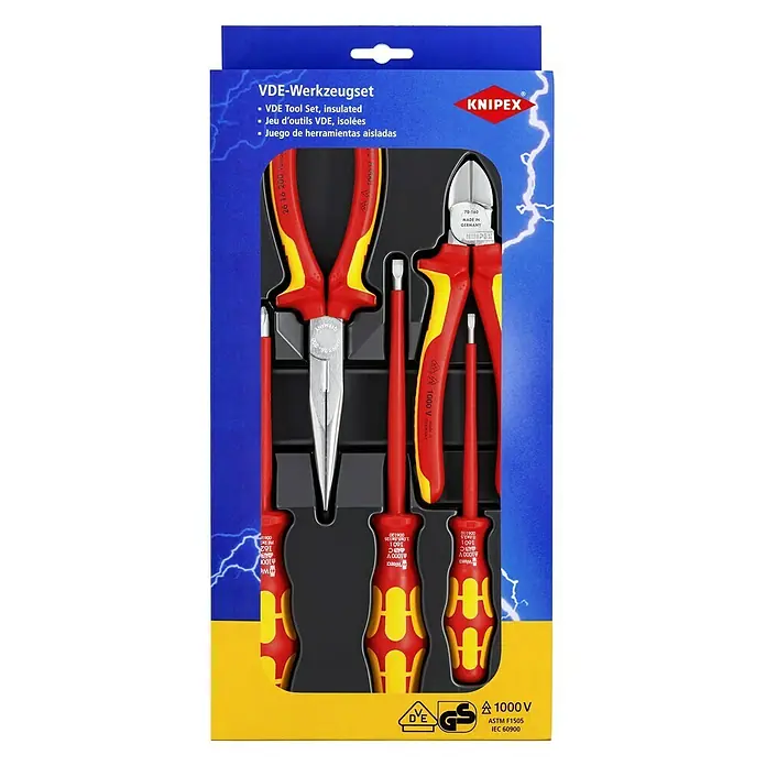 Knipex Werkzeug-Set VDE - 5 -tlg. - Isoliertes VDE-Werkzeugset von Knipex und Wera, bestehend aus Zangen und Schraubendrehern für sicheres Arbeiten an elektrischen Anlagen.