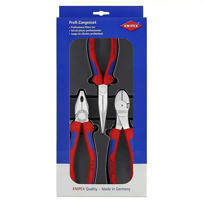 Knipex Juego de alicates - 3 pzs. - Imagen de un juego de alicates profesionales Knipex en un embalaje azul, que incluye varios tipos de alicates para aplicaciones profesionales.