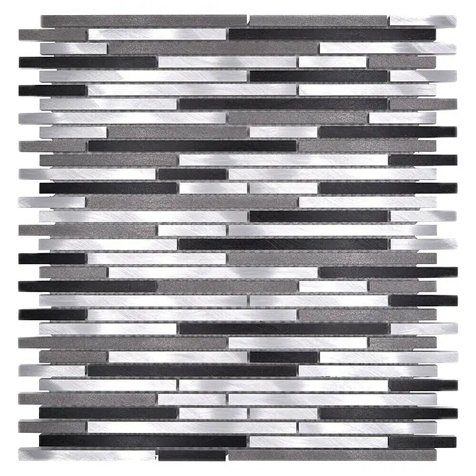 Mosaikfliese Brick XAM A881 - 29,8 x 31,8 cm, Grau, Matt - Mosaikfliese mit horizontalen Streifen in Silber, Grau und Schwarz für moderne Wandgestaltungen.