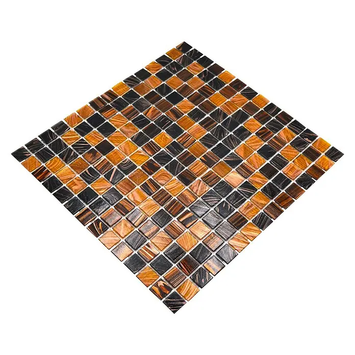 Mosaikfliese Goldstar GM GS 505254 - 32,7 x 30,5 cm, Braun, Glänzend - Quadratisches Mosaikmuster mit schwarzen und kupferfarbenen Glasfliesen, ideal für dekorative Wand- oder Bodenbeläge.