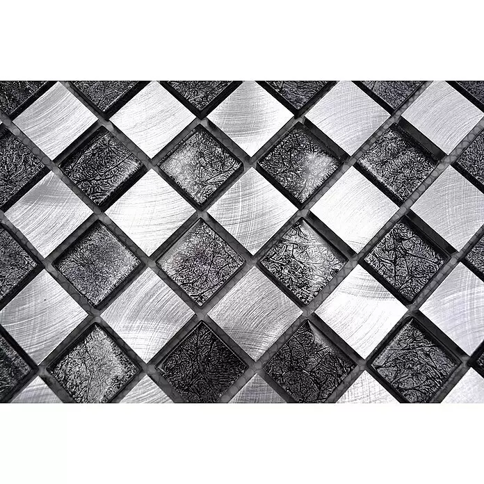 Mosaikfliese Crystal Mix XAM A851 - 32,7 x 30,2 cm, Schwarz/Silber, Matt - Silberne gebürstete Metall- und dunkle gemusterte Glasmosaikfliesen in Rautenanordnung.