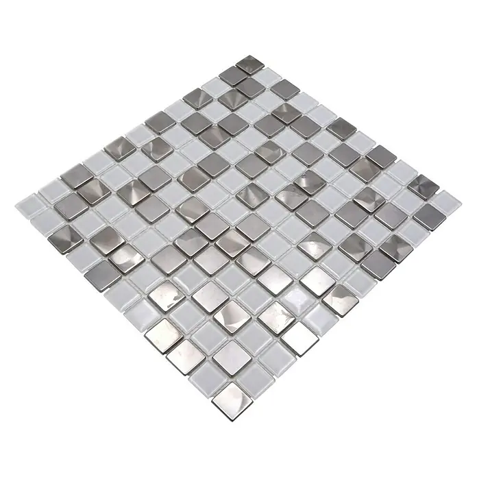 Mosaikfliese Quadrat Crystal Mix XAM A441 - 32,7 x 30,2 cm, Weiß, Glänzend - Hochwertiges Mosaik aus Glas und Edelstahl in quadratischer Form für Wand- und Bodenbeläge.