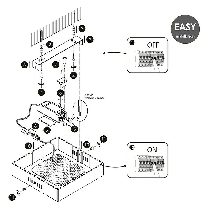 Home Sweet Home LED-Deckenleuchte Ska - 15 W, L x B x H: 22,5 x 22,5 x 4 cm, Kupfer, Warmweiß - Eine Explosionszeichnung des Produkts, die die verschiedenen Komponenten und die Installationsschritte zeigt. Die Schritte sind nummeriert.
