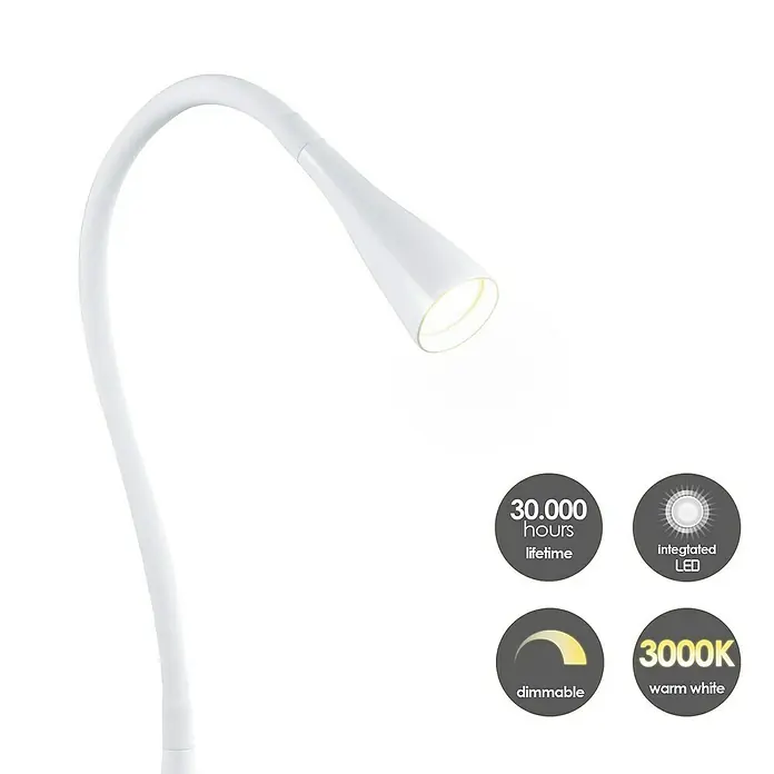 LED-Tischleuchte Flex - 3,5 W, L x B x H: 11 x 11 x 48,5 cm, Weiß, Warmweiß - Abbildung einer weißen, dimmbaren LED-Schreibtischlampe mit warmweißem Licht, die eine lange Lebensdauer von 30.000 Stunden hat.
