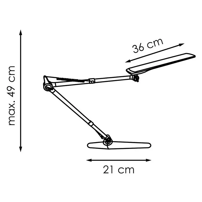 LED-Tischleuchte - 5 W, L x B x H: 21 x 21 x 49 cm, Silber/Schwarz, Warmweiß - Schema einer Schreibtischlampe mit den Maßen 36 cm Länge, 21 cm Breite und maximal 49 cm Höhe.