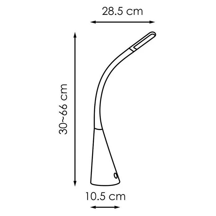 Home Sweet Home LED-Tischleuchte - 3,5 W, L x B x H: 28,5 x 28,5 x 66 cm, Schwarz, Warmweiß - Abbildung einer Schreibtischlampe mit den Maßen 30–66 cm Höhe, 28,5 cm Tiefe und 10,5 cm Basisdurchmesser.
