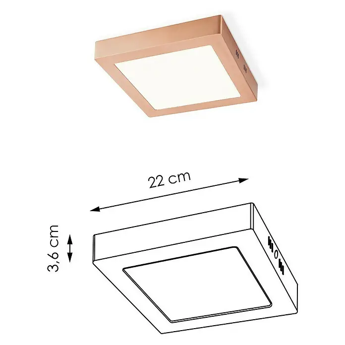 Home Sweet Home LED-Deckenleuchte Ska - 15 W, L x B x H: 22,5 x 22,5 x 4 cm, Kupfer, Warmweiß - Abbildung einer quadratischen LED-Deckenleuchte in Kupferoptik mit den Maßen 22 cm x 22 cm und einer Höhe von 3,6 cm.