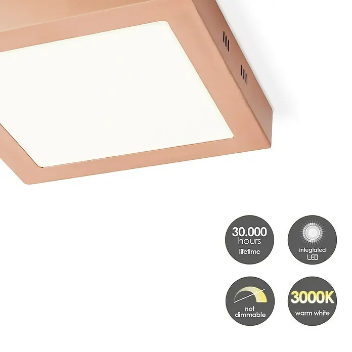 Home Sweet Home LED-Deckenleuchte Ska - 15 W, L x B x H: 22,5 x 22,5 x 4 cm, Kupfer, Warmweiß - Quadratische Deckenleuchte in Kupferoptik mit integriertem LED-Licht, warmweißem Farbton (3000K) und einer Lebensdauer von 30.000 Stunden.
