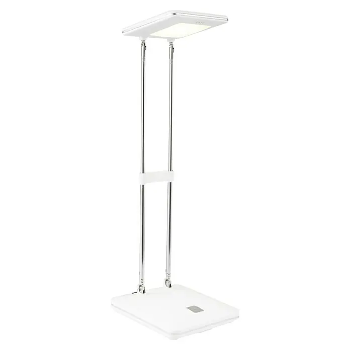 LED-Tischleuchte Check - 2,5 W, L x B x H: 10,5 x 10,5 x 31,5 cm, Weiß, Warmweiß - Nahaufnahme einer weißen, rechteckigen LED-Tischleuchte mit silbernen Ständern, die ein modernes und helles Design zeigt.