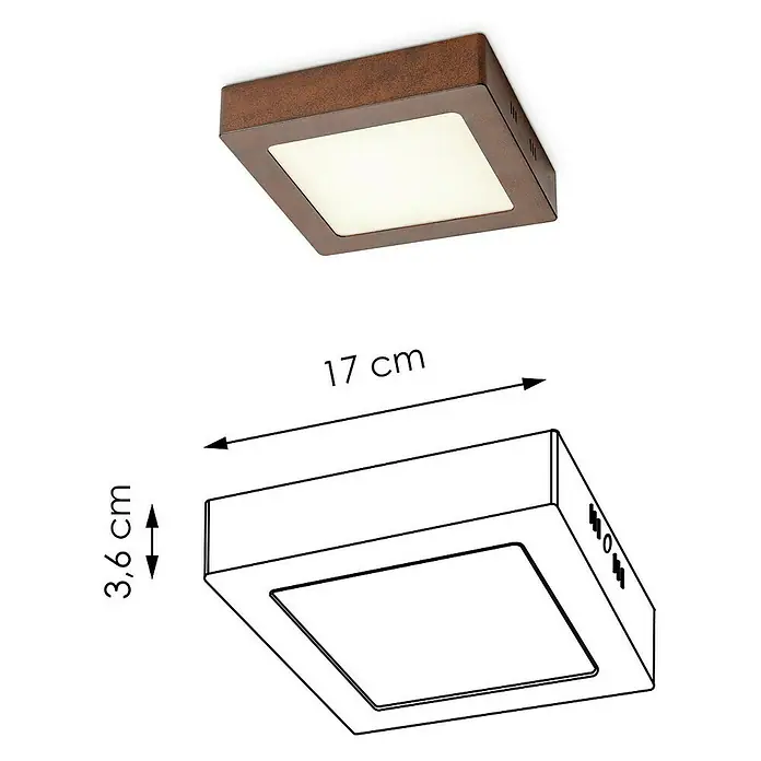 Home Sweet Home LED-Deckenleuchte Ska - 12 W, L x B x H: 17 x 17 x 4 cm, Rost, Warmweiß - Abbildung einer quadratischen Deckenleuchte in Holzoptik mit den Maßen 17 cm x 3,6 cm.