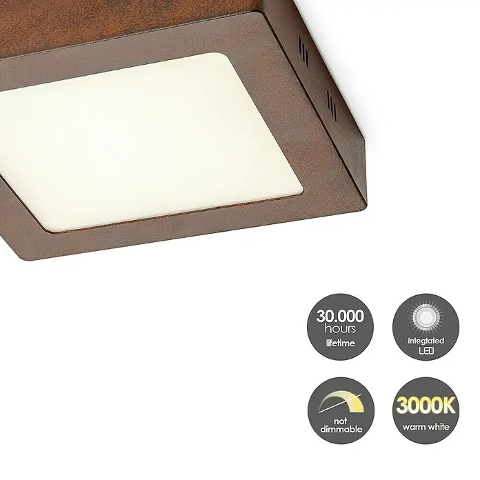Home Sweet Home LED-Deckenleuchte Ska - 12 W, L x B x H: 17 x 17 x 4 cm, Rost, Warmweiß - Deckenleuchte in rustikalem Braun mit integriertem LED, 30.000 Stunden Lebensdauer und warmweißem Licht. Nicht dimmbar.