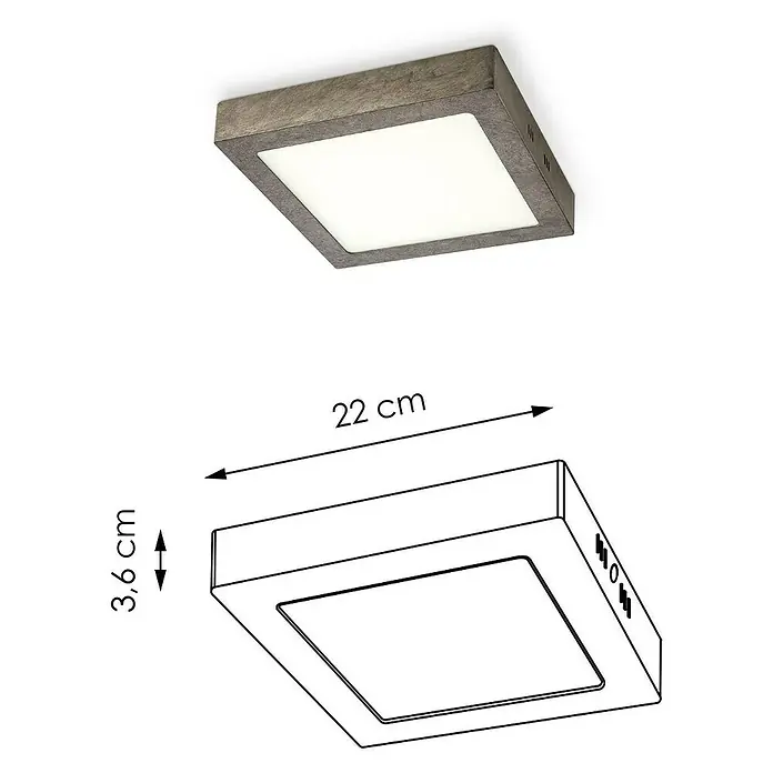 Home Sweet Home LED-Deckenleuchte Ska - 15 W, L x B x H: 22,5 x 22,5 x 4 cm, Burned Metall, Warmweiß - Bild einer quadratischen Deckenleuchte in Holzoptik mit den Maßen 22 cm x 3,6 cm, abgebildet mit technischen Zeichnungen.