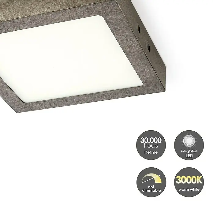 Home Sweet Home LED-Deckenleuchte Ska - 15 W, L x B x H: 22,5 x 22,5 x 4 cm, Burned Metall, Warmweiß - Nahaufnahme einer quadratischen LED-Deckenleuchte mit grauem Rahmen und den Aufschriften: 30.000 Stunden Lebensdauer, integrierte LED, nicht dimmbar, 3000K warmweiß.