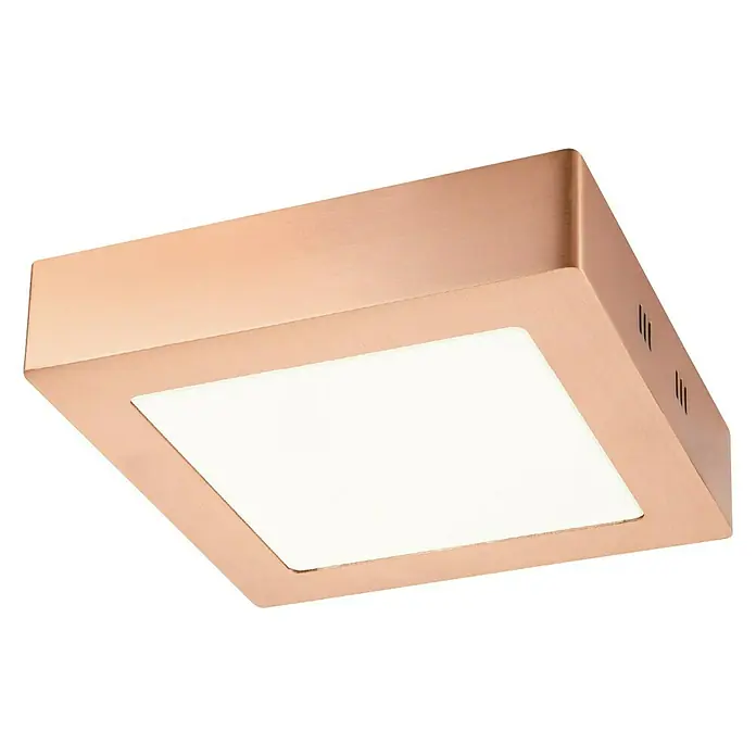 Home Sweet Home LED-Deckenleuchte Ska - 12 W, L x B x H: 17 x 17 x 4 cm, Kupfer, Warmweiß - Die Aufnahme zeigt eine quadratische, roségoldene Deckenleuchte mit einer hellen, quadratischen Fläche in der Mitte, die warmes Licht ausstrahlt.