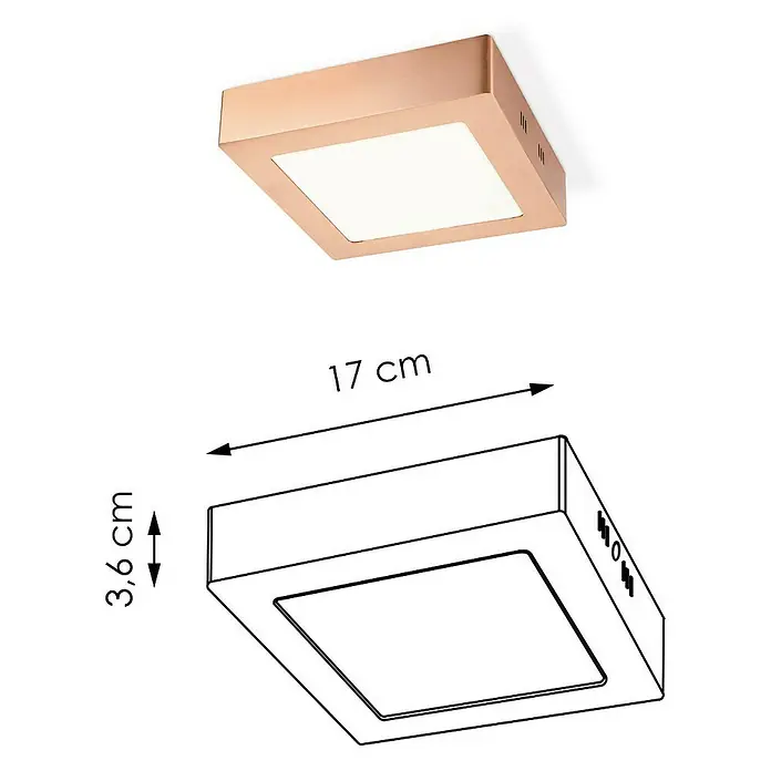 Home Sweet Home LED-Deckenleuchte Ska - 12 W, L x B x H: 17 x 17 x 4 cm, Kupfer, Warmweiß - Eine Nahaufnahme einer quadratischen Deckenleuchte in Roségold mit Abmessungen von 17 cm Breite und 3,6 cm Höhe.