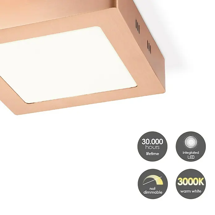 Home Sweet Home LED-Deckenleuchte Ska - 12 W, L x B x H: 17 x 17 x 4 cm, Kupfer, Warmweiß - Nahaufnahme einer quadratischen LED-Deckenleuchte in Kupferoptik mit Hinweisen zu Lebensdauer, LED-Typ und Farbtemperatur.