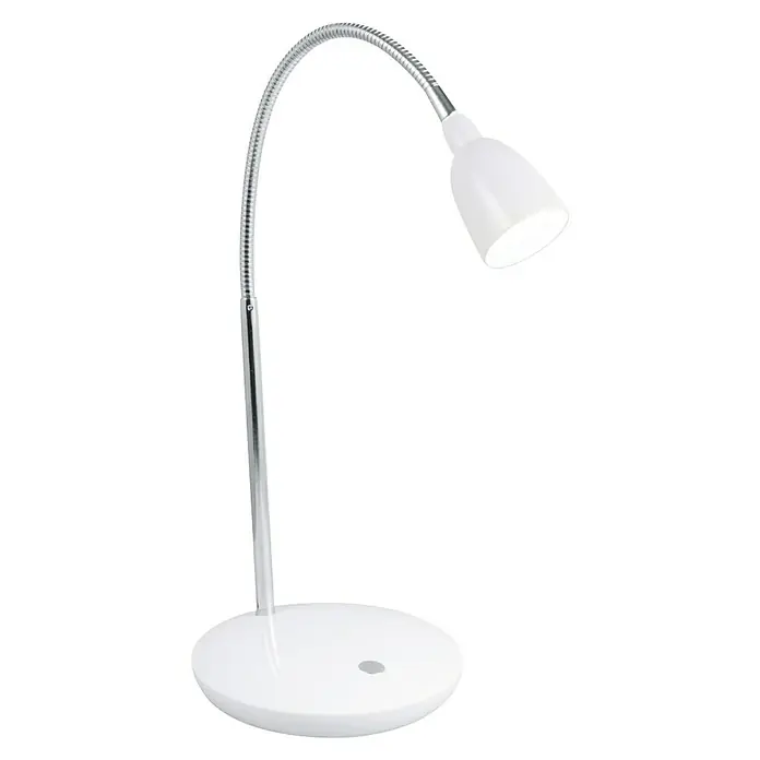 LED-Tischleuchte Flexy - 2,5 W, L x B x H: 16 x 16 x 41,5 cm, Weiß, Warmweiß - Diese Abbildung zeigt eine moderne, weiße Schreibtischlampe mit einem flexiblen, silberfarbenen Hals, ideal für Büro oder Zuhause.