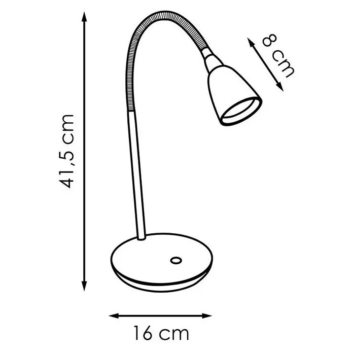 LED-Tischleuchte Flexy - 2,5 W, L x B x H: 16 x 16 x 41,5 cm, Weiß, Warmweiß - Abbildung einer Schreibtischlampe mit Maßen: 41,5 cm Höhe, 16 cm Basisdurchmesser und 8 cm Lampenkopfbreite.