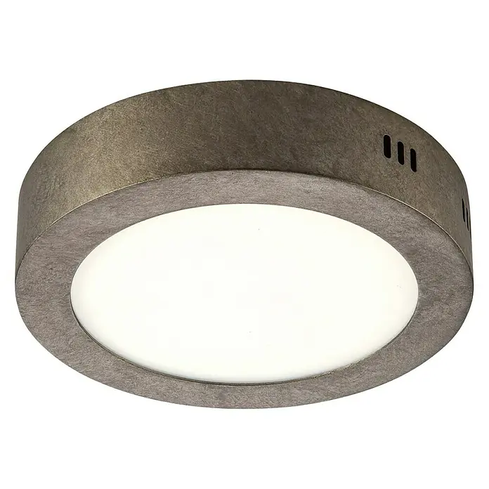 Home Sweet Home LED-Deckenleuchte rund Ska - 12 W, Ø x H: 170 mm x 4 cm, Burned Metall, Warmweiß - Nahaufnahme einer runden Deckenleuchte mit weißem Diffusor und grauem Metallrahmen, die ein modernes und stilvolles Design zeigt.