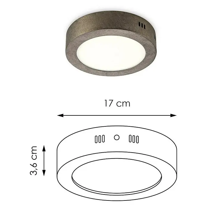 Home Sweet Home LED-Deckenleuchte rund Ska - 12 W, Ø x H: 170 mm x 4 cm, Burned Metall, Warmweiß - Abbildung einer Deckenleuchte mit den Maßen 17 cm Durchmesser und 3,6 cm Höhe.