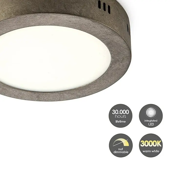 Home Sweet Home LED-Deckenleuchte rund Ska - 12 W, Ø x H: 170 mm x 4 cm, Burned Metall, Warmweiß - Nahaufnahme einer modernen, runden Deckenleuchte mit integriertem LED-Licht, die ein warmweißes Licht abgibt und eine Lebensdauer von 30.000 Stunden hat.