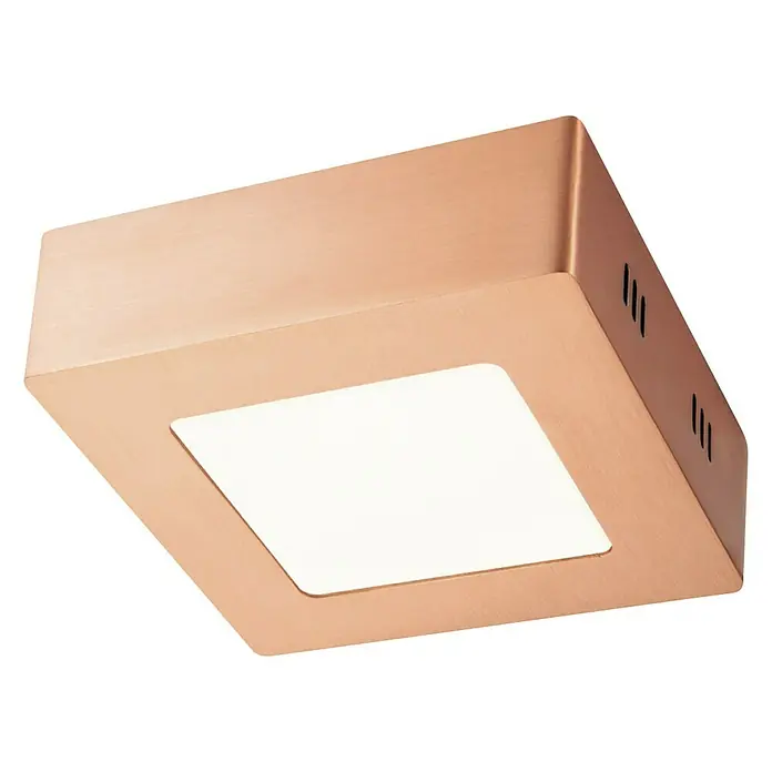 Home Sweet Home LED-Deckenleuchte Ska - 6 W, L x B x H: 12 x 12 x 4 cm, Kupfer, Warmweiß - Nahaufnahme einer quadratischen Deckenleuchte mit roségoldener Oberfläche und quadratischem, weißem Diffusor.