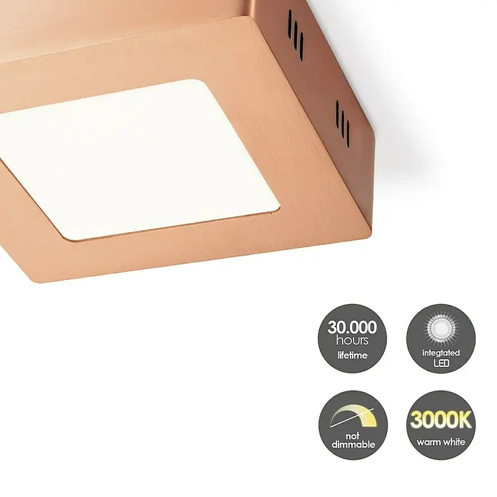 Home Sweet Home LED-Deckenleuchte Ska - 6 W, L x B x H: 12 x 12 x 4 cm, Kupfer, Warmweiß - Nahaufnahme einer quadratischen LED-Deckenleuchte in Kupferoptik, die warmweißes Licht ausstrahlt und eine lange Lebensdauer hat.