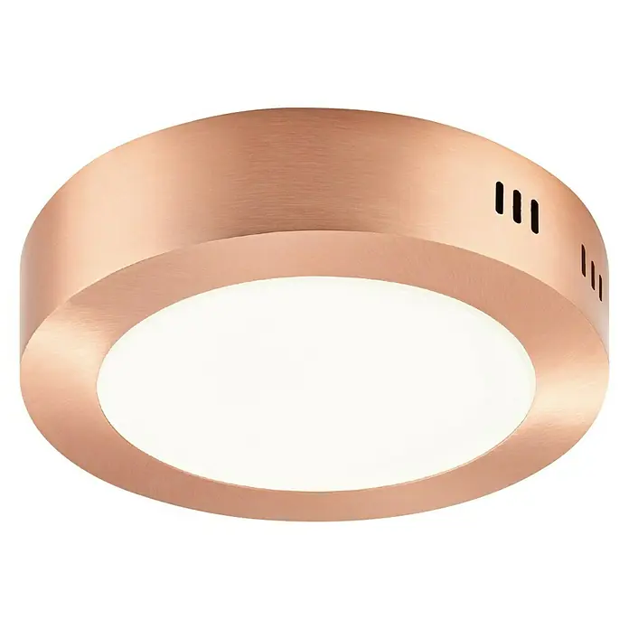 Home Sweet Home LED-Deckenleuchte rund Ska - 12 W, Ø x H: 170 mm x 4 cm, Kupfer, Warmweiß - Nahaufnahme einer runden Deckenleuchte mit Kupferbeschichtung und integrierter LED-Beleuchtung, die ein modernes Design bietet.