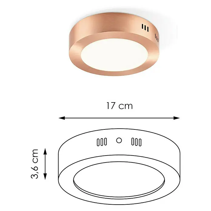 Home Sweet Home LED-Deckenleuchte rund Ska - 12 W, Ø x H: 170 mm x 4 cm, Kupfer, Warmweiß - Abbildung einer modernen Deckenleuchte in Kupferoptik mit den Maßen 17 cm Durchmesser und 3,6 cm Höhe.