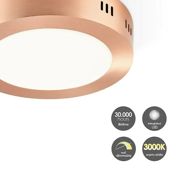 Home Sweet Home LED-Deckenleuchte rund Ska - 12 W, Ø x H: 170 mm x 4 cm, Kupfer, Warmweiß - Nahaufnahme einer runden LED-Deckenleuchte in Kupferoptik mit Produktinformationen.