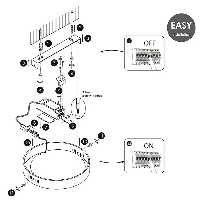 Home Sweet Home LED-Deckenleuchte rund Ska - 12 W, Ø x H: 170 mm x 4 cm, Kupfer, Warmweiß - Eine Detailzeichnung der Montageanleitung für eine moderne Deckenleuchte, inklusive Schrauben, Halterungen und elektrischen Anschlüssen.
