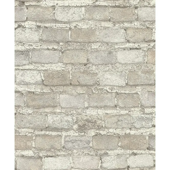 Rasch Factory 4 Vliestapete Steinmauer - Weiß, Steinoptik, 10,05 x 0,53 m - Nahaufnahme einer Wand mit hellgrauem Ziegelmuster, die eine rustikale und Vintage-Atmosphäre vermittelt.