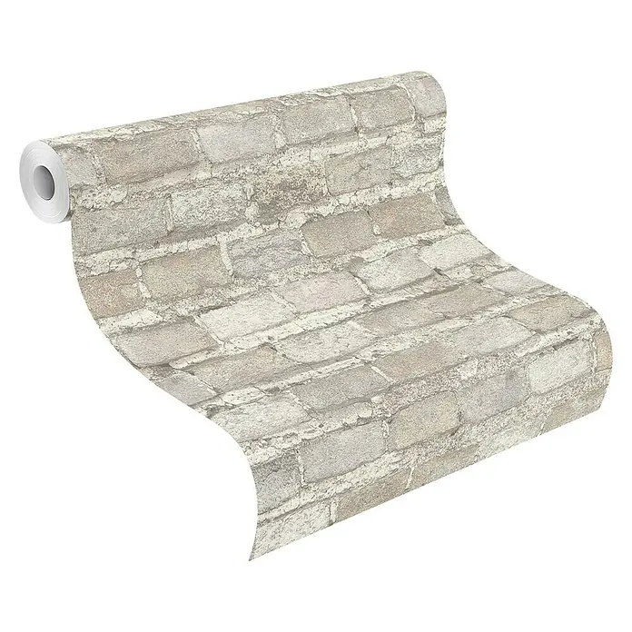 Rasch Factory 4 Vliestapete Steinmauer - Weiß, Steinoptik, 10,05 x 0,53 m - Eine Rolle graue Tapete mit Ziegelmuster, die eine rustikale und moderne Atmosphäre für jeden Raum schafft.