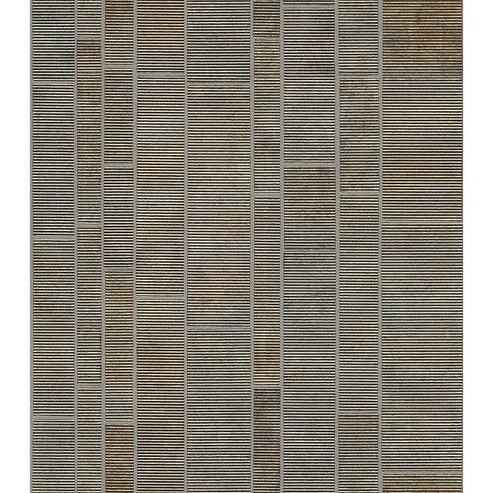 Rasch Factory 4 Vliestapete Fliesen - Grau, Fliesenoptik, 10,05 x 0,53 m - Nahaufnahme eines abstrakten Musters mit horizontalen Linien und vertikalen Unterbrechungen, das eine faszinierende Textur erzeugt.