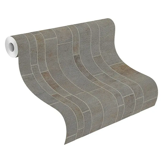Rasch Factory 4 Vliestapete Fliesen - Grau, Fliesenoptik, 10,05 x 0,53 m - Abgerollte Tapetenrolle mit einem modernen Streifendesign in Beige- und Grautönen, perfekt für eine stilvolle Wandgestaltung.