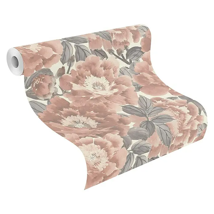 Rasch Kimono Vliestapete Blumen - Rosa, Floral, 10,05 x 0,53 m - Eine Rolle rosafarbene Tapete mit einem Blumenmuster und grauen Blättern für die Dekoration von Innenräumen.