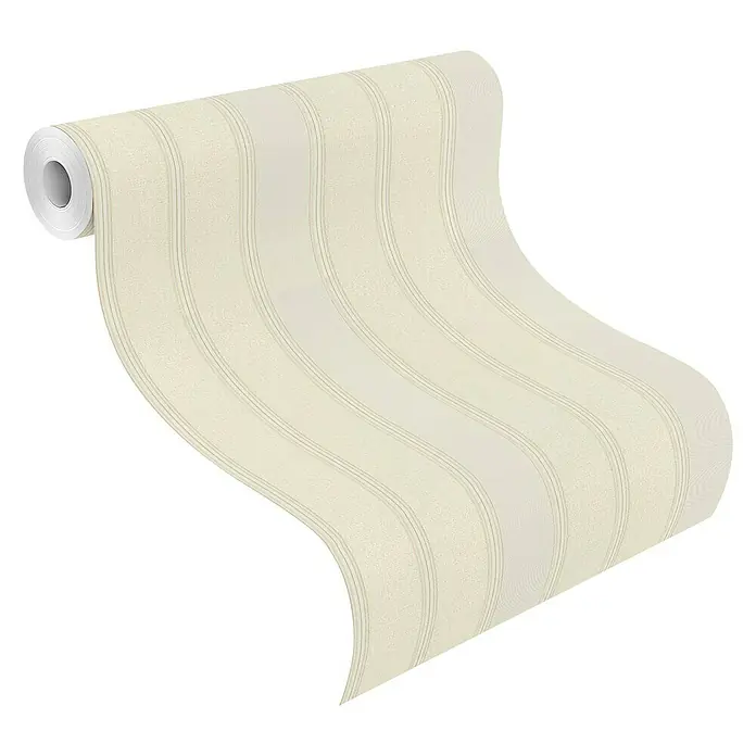 Rasch Saphira Vliestapete Streifen - Hellbeige, Streifen, 10,05 x 0,53 m - Abgerollte Tapetenrolle in einem hellen Farbton mit vertikalen Streifen, die eine elegante und subtile Textur für die Wandgestaltung bietet.