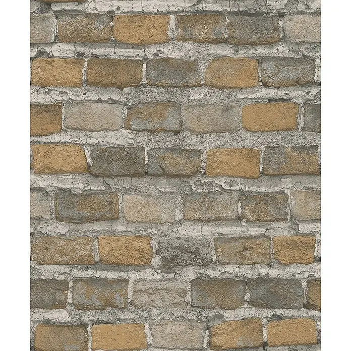 Rasch Factory 4 Vliestapete Steinmauer - Braun, Steinoptik, 10,05 x 0,53 m - Nahaufnahme einer Backsteinmauer mit unregelmäßigen, verwitterten Ziegeln und grauem Mörtel, die eine rustikale Textur erzeugt.