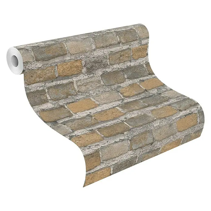 Rasch Factory 4 Vliestapete Steinmauer - Braun, Steinoptik, 10,05 x 0,53 m - Nahaufnahme einer Tapetenrolle mit Steinmauer-Motiv, die eine rustikale und dennoch stilvolle Wandgestaltung ermöglicht.