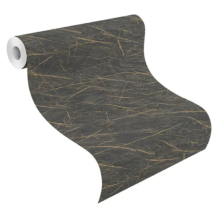 Rasch Factory 4 Vliestapete Marmor - Schwarz, Steinoptik, 10,05 x 0,53 m - Eine Rolle stilvolle Tapete mit Marmormuster in dunklen Farbtönen und feinen goldenen Akzenten für ein elegantes Wanddesign.