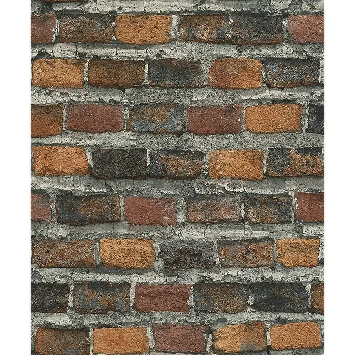 Rasch Factory 4 Vliestapete Steinmauer - Rotbraun, Steinoptik, 10,05 x 0,53 m - Nahaufnahme einer rustikalen Ziegelwand mit abgenutztem Putz, ideal für Hintergründe oder Texturen.