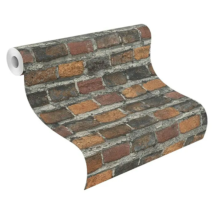 Rasch Factory 4 Vliestapete Steinmauer - Rotbraun, Steinoptik, 10,05 x 0,53 m - Nahaufnahme einer Rolle hochwertiger Backsteintapete, die eine realistische Ziegeloptik für eine stilvolle Wandgestaltung bietet.